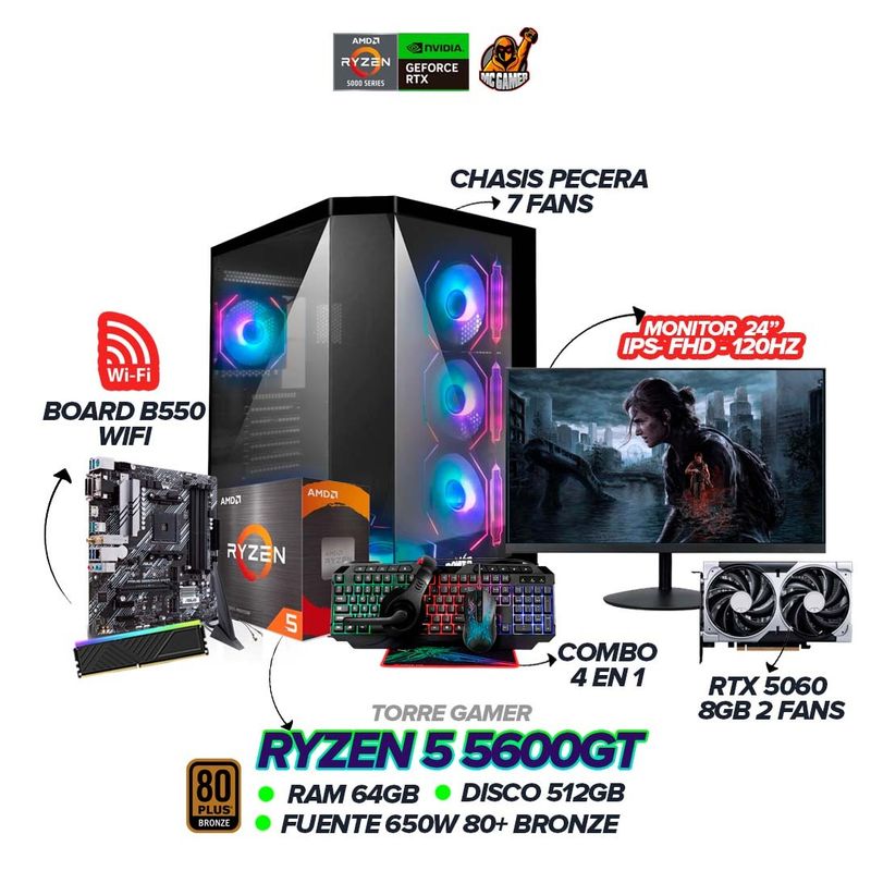 AMD - PC Gamer Ryzen 5 5600G / RTX 5060 8GB / 64GB RAM / 512GB / Monitor 24” 120Hz