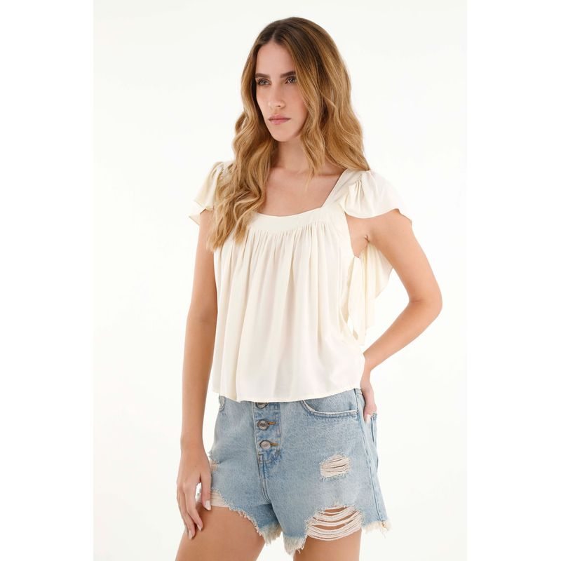 TENNIS - Camisa beige de escote recto en chalis para mujer