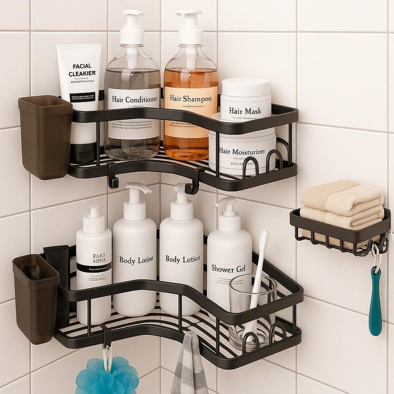 CASATUA - Organizador Ducha Baño Esquinero Inoxidable X2 + 1 Jabonera - Negro
