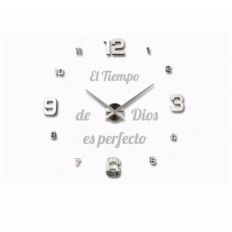 GENERICO - RELOJ DE PARED 3D GRANDE TAMAÑO 100X100CM COLOR PLATEADO + FRASE EN VINILO