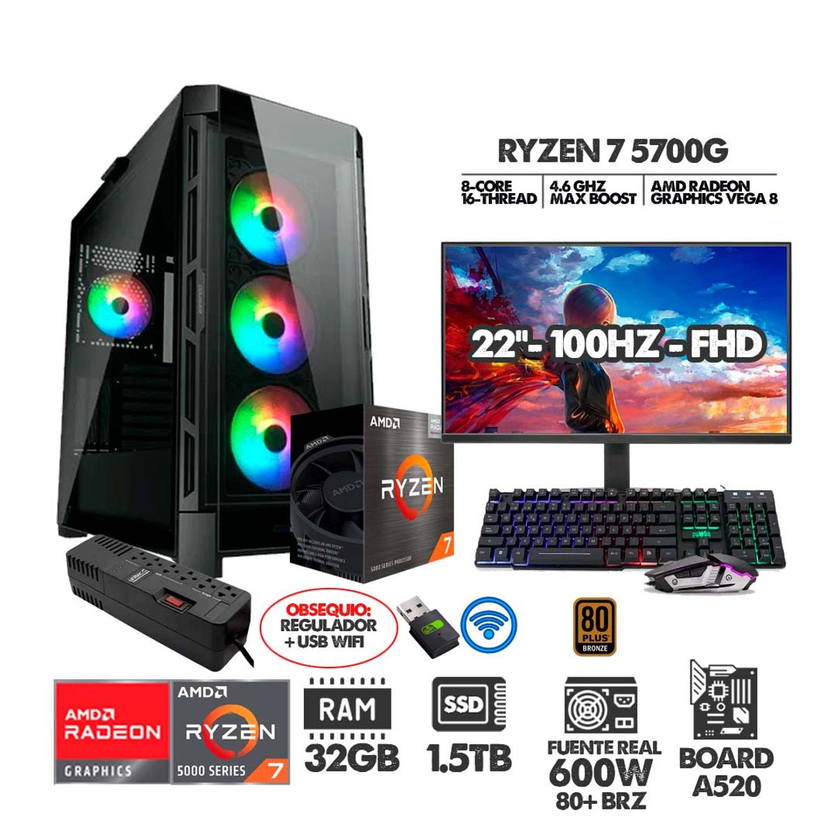 AMD - PC GAMER R7 5700G+ MONITOR 22 FHD+ RAM 32GB+ SSD 1,5TB+ REGULADOR+ USB WIFI