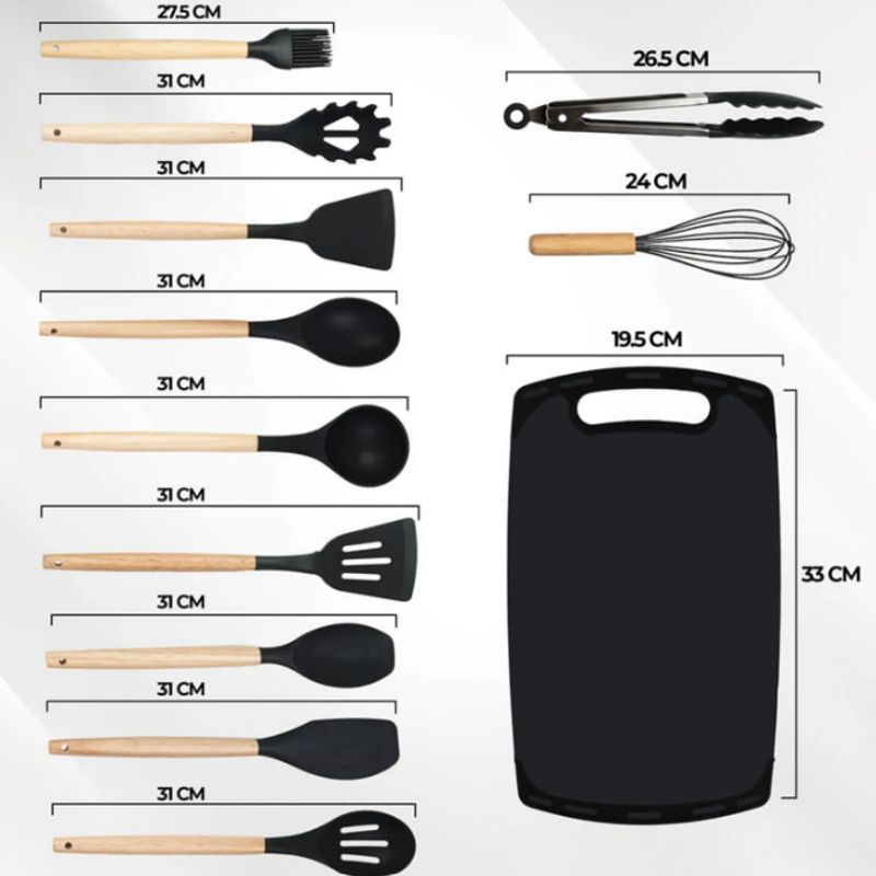 GENERICO - KIT UTENSILIOS DE COCINA - 19 PIEZAS SILICONADO NEGRO