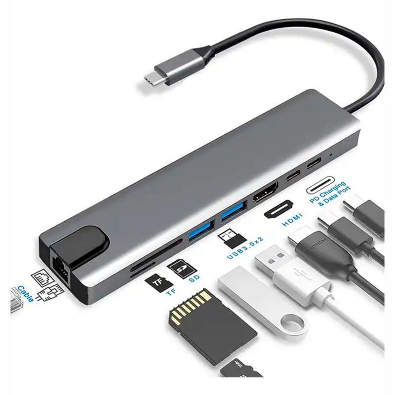 GENERICO - Hub Adaptador Usb C 8 En 1 Multipuerto Ethernet