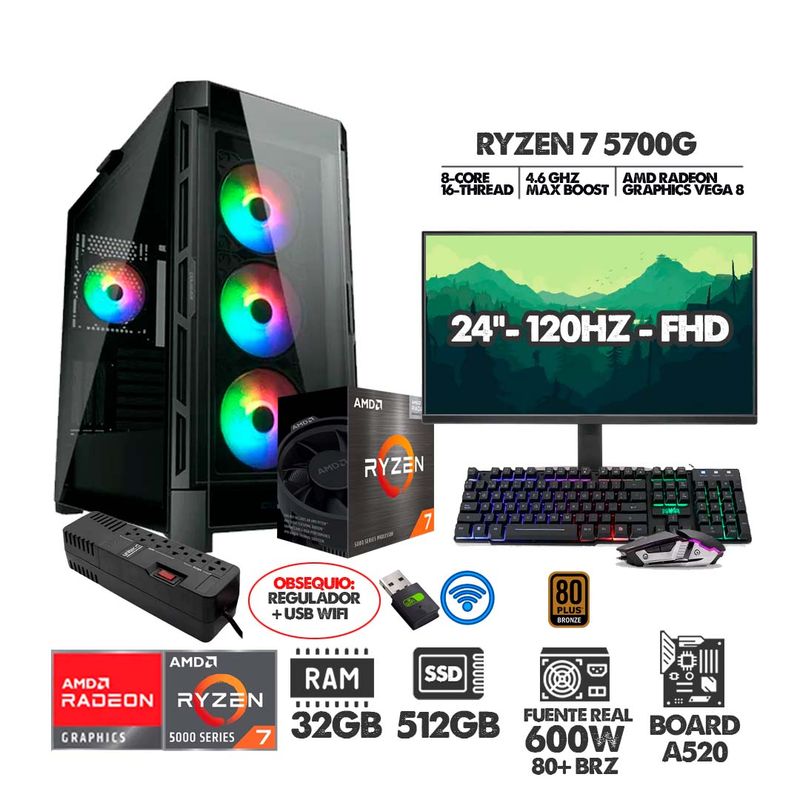 AMD - PC R7 5700G+ MONITOR 24 FHD+ RAM 32GB+ SSD 512GB+ 600W 80BRZ REGULADOR+ USB WIFI