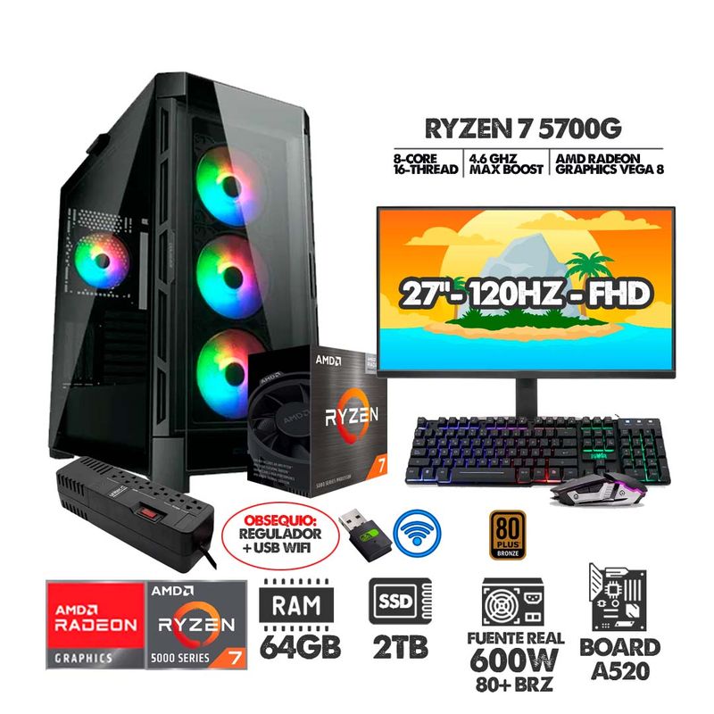 AMD - PC R7 5700G+ MONITOR 27 FHD 120HZ+ RAM 64GB+ M.2 2TB+ 600W+ REGULADOR+ USB WIFI