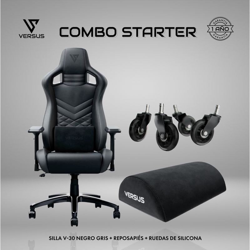 GENERICO - Combo Starter + Silla Versus V30 Negro Gris + Reposapiés Negro + Set 5 Ruedas de Silicona