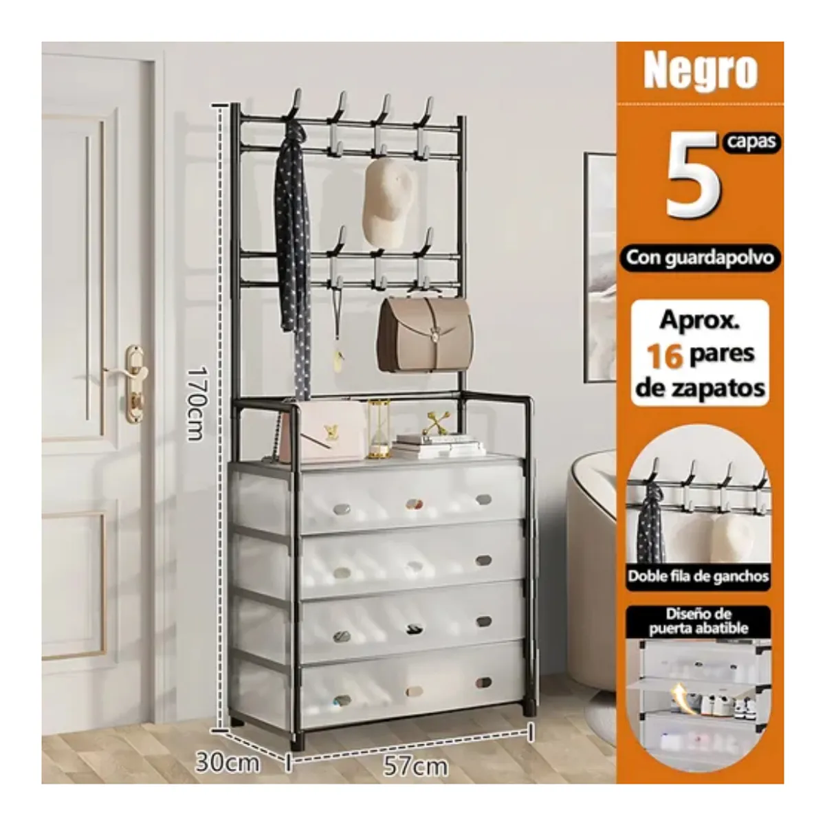 GENERICO - Zapatero mas Perchero Acero Metálico 5 Niveles