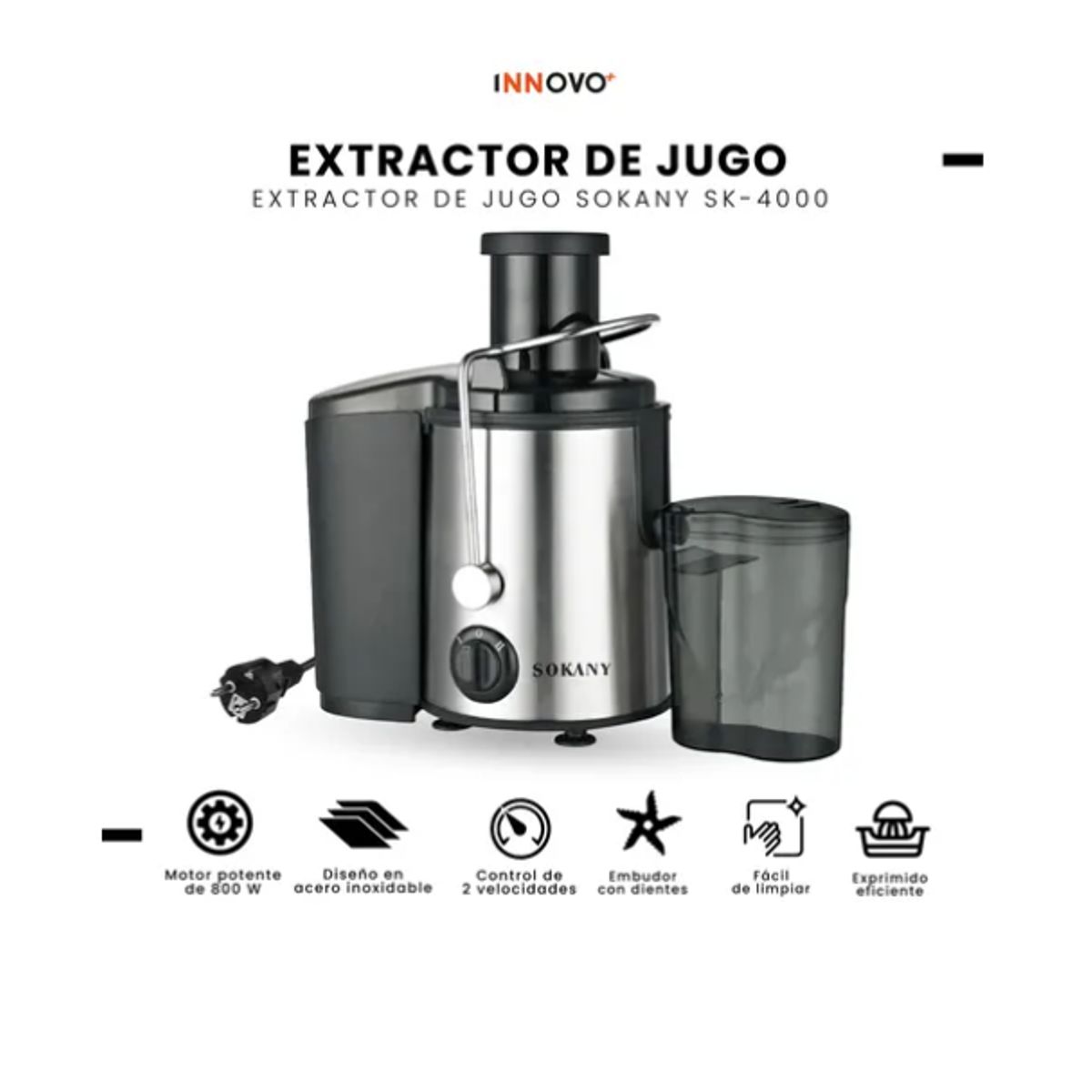 INNOVA - Extractor Jugo Eléctrico 800w Acero Inoxidable 2 Velocidades