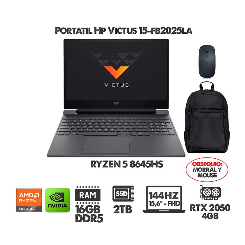 HP - PORTATIL HP VICTUS - RYZEN 5 8645HS - 15,6" FHD 144HZ- RTX 2050- RAM 16GB- SSD 2TB- MORRAL Y MOUSE