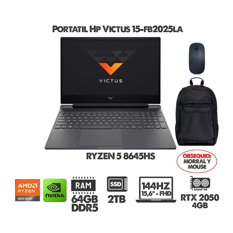 HP - PORTATIL HP VICTUS - RYZEN 5 8645HS - 15,6" FHD 144HZ- RTX 2050- RAM 64GB- SSD 2TB- MORRAL Y MOUSE