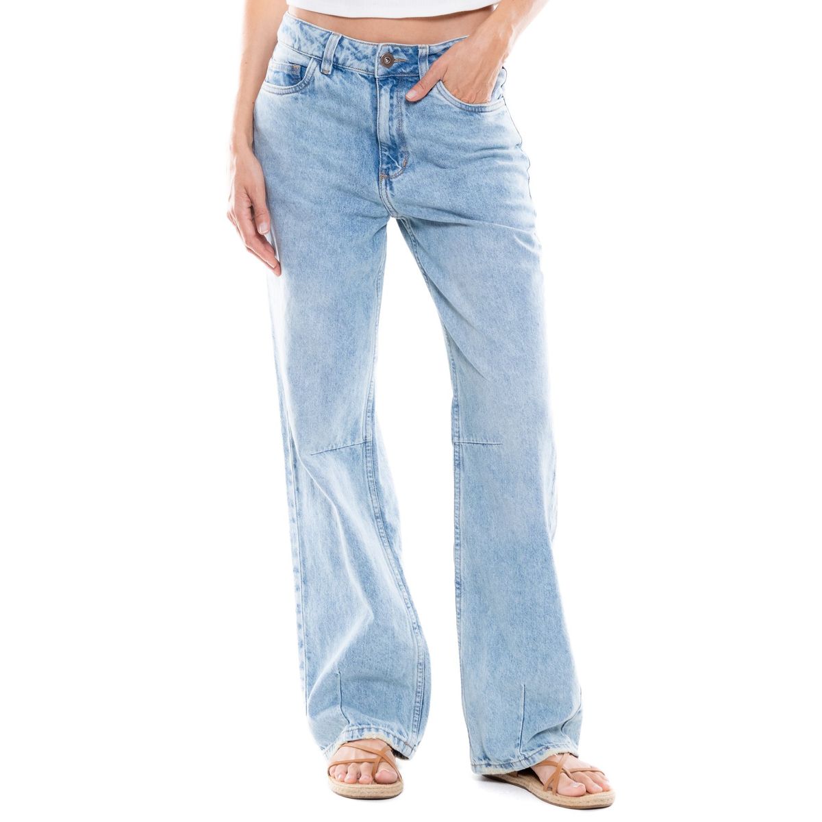 COLOR BLUE - Medium Waist Wide Leg Jeans Tono Medio