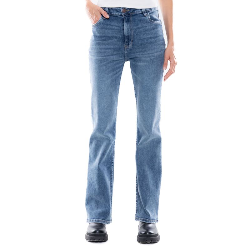 COLOR BLUE - High Waist Flare Jeans Tono Medio Con Desgastes