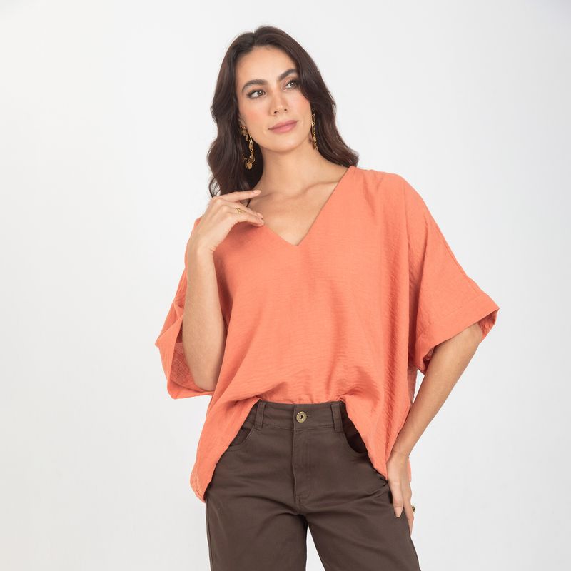 ADRISSA - Blusa Escote V Para Mujer En Tela Con Efecto Lino Terracota Adrissa