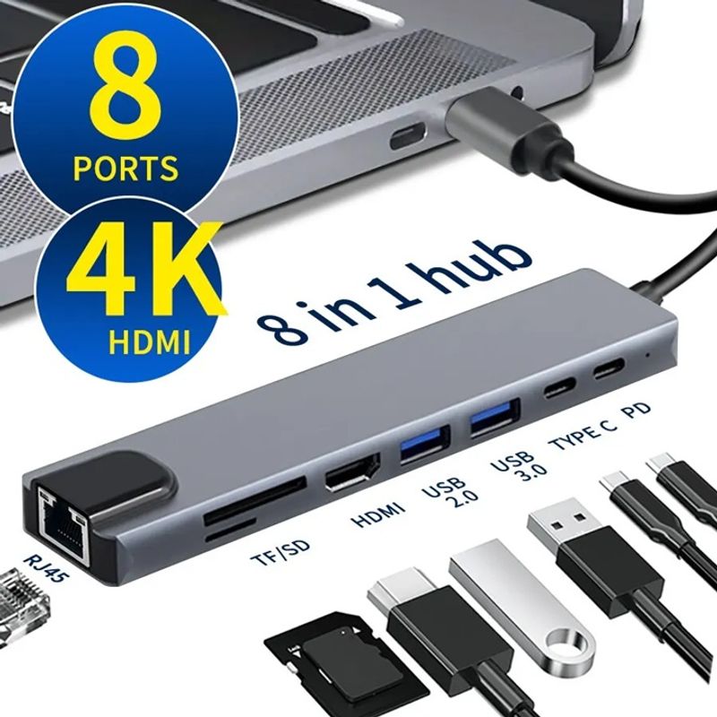GENERICO - Hub Adaptador Usb C 8 En 1 Multipuerto Ethernet Concentrador Multiplicador Rj45 Aluminio