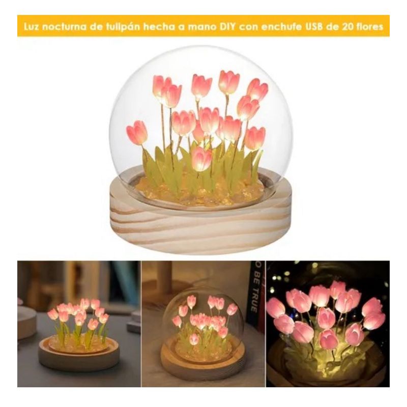 GENERICO - Lámpara Tulipanes LED Cúpula de Cristal Recargable USB Base Madera