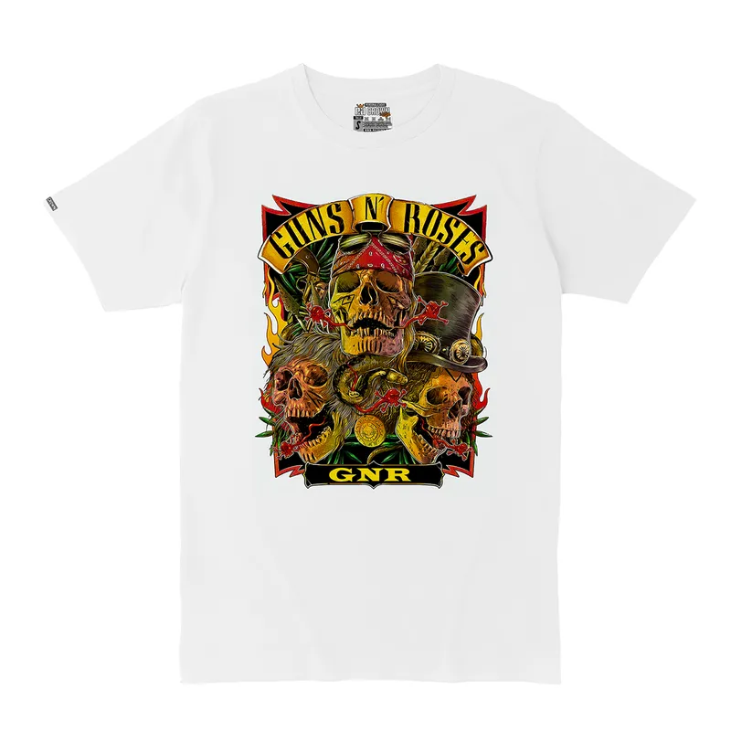 CREACIONES NU CROWN - Camiseta Guns N Roses Calavera Plantas Rock Hombre Blanco Nu Crown