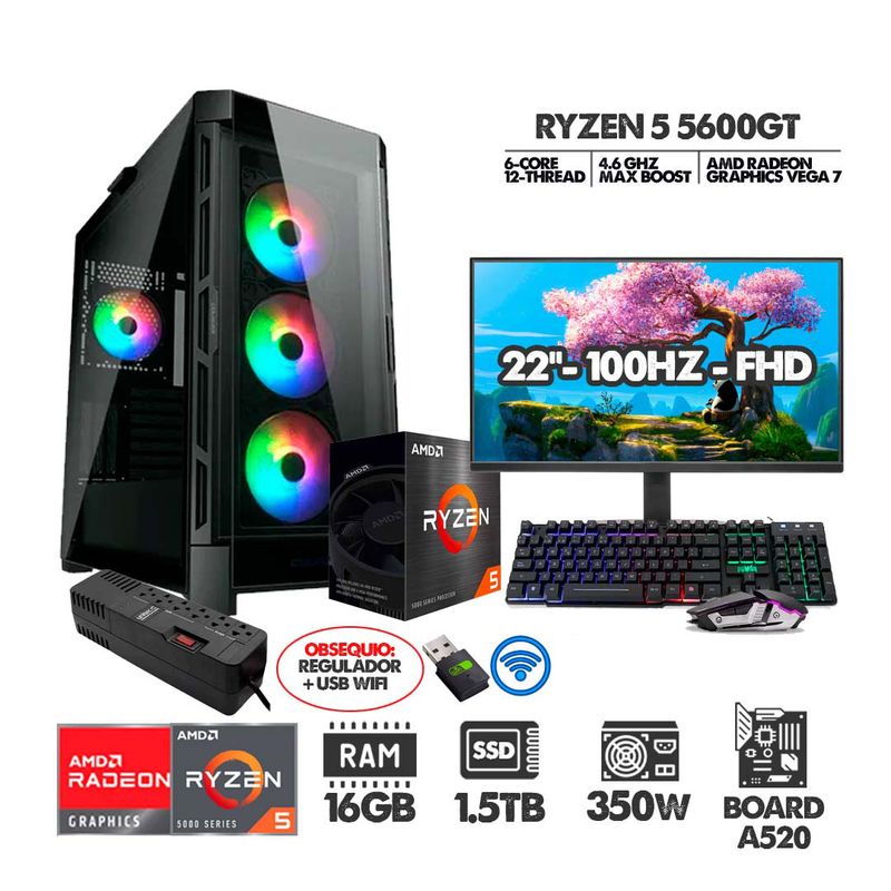 AMD - PC R5 5600GT+ MONITOR 22 FHD+ RAM 16GB+ SSD 1,5TB+ OBSEQUIO REGULADOR+ USB WIFI