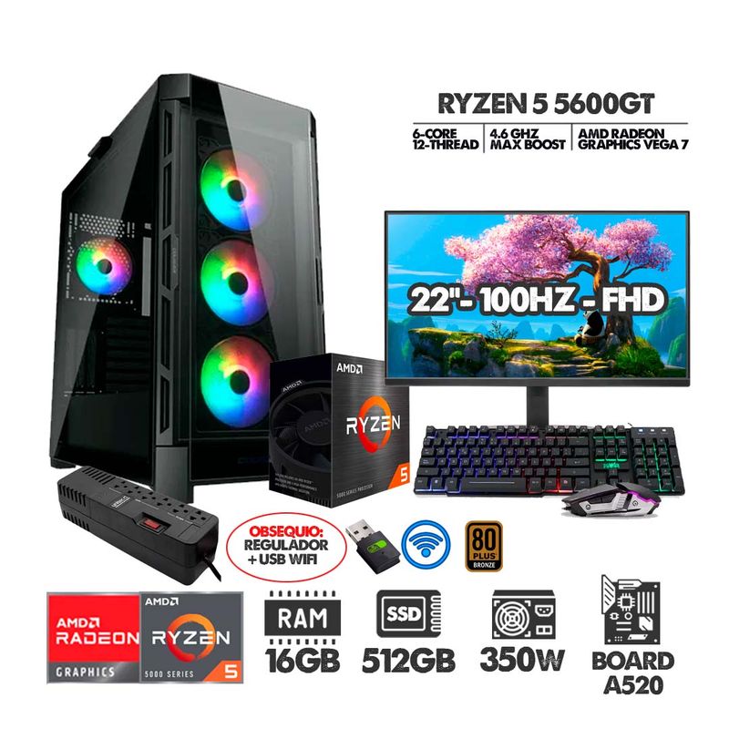 AMD - PC R5 5600GT+ MONITOR 22 FHD+ RAM 16GB+ SSD 512GB+ OBSEQUIO REGULADOR+ USB WIFI