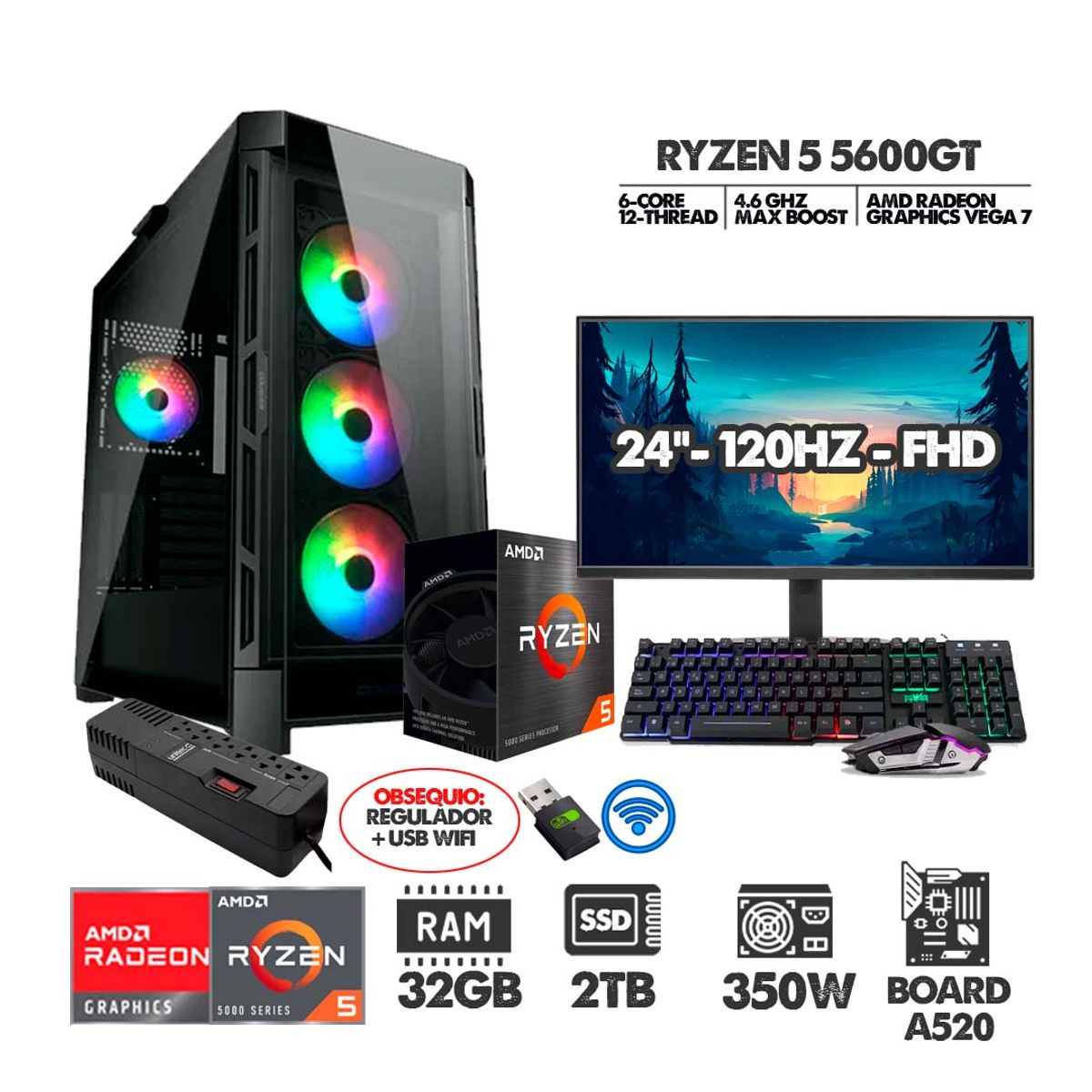 AMD - PC R5 5600GT+ MONITOR 24 FHD 120HZ+ RAM 32GB+ SSD 2TB+  REGULADOR+ USB WIFI