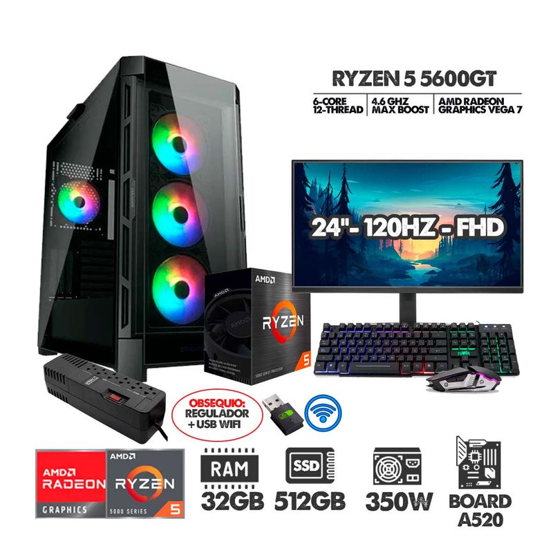 AMD - PC R5 5600GT+ MONITOR 24 FHD 120HZ+ RAM 32GB+ SSD 512GB+  REGULADOR+ USB WIFI