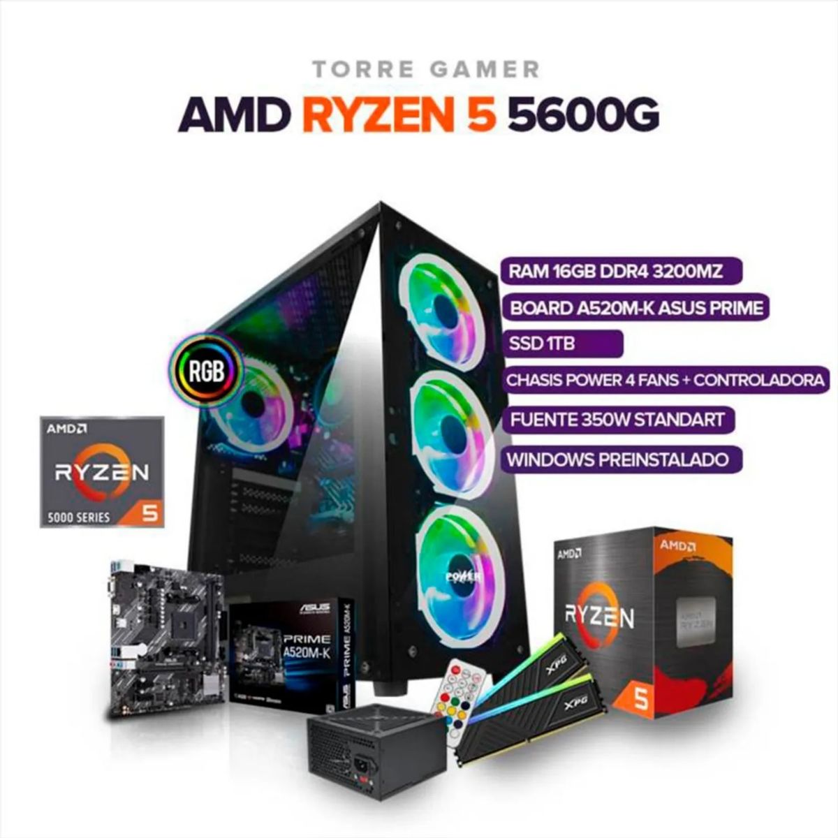 AMD - Torre Gamer Ryzen 5 5600GT/ 16GB RAM /1TB SSD/ BOARD A520M-K ASUS PRIME