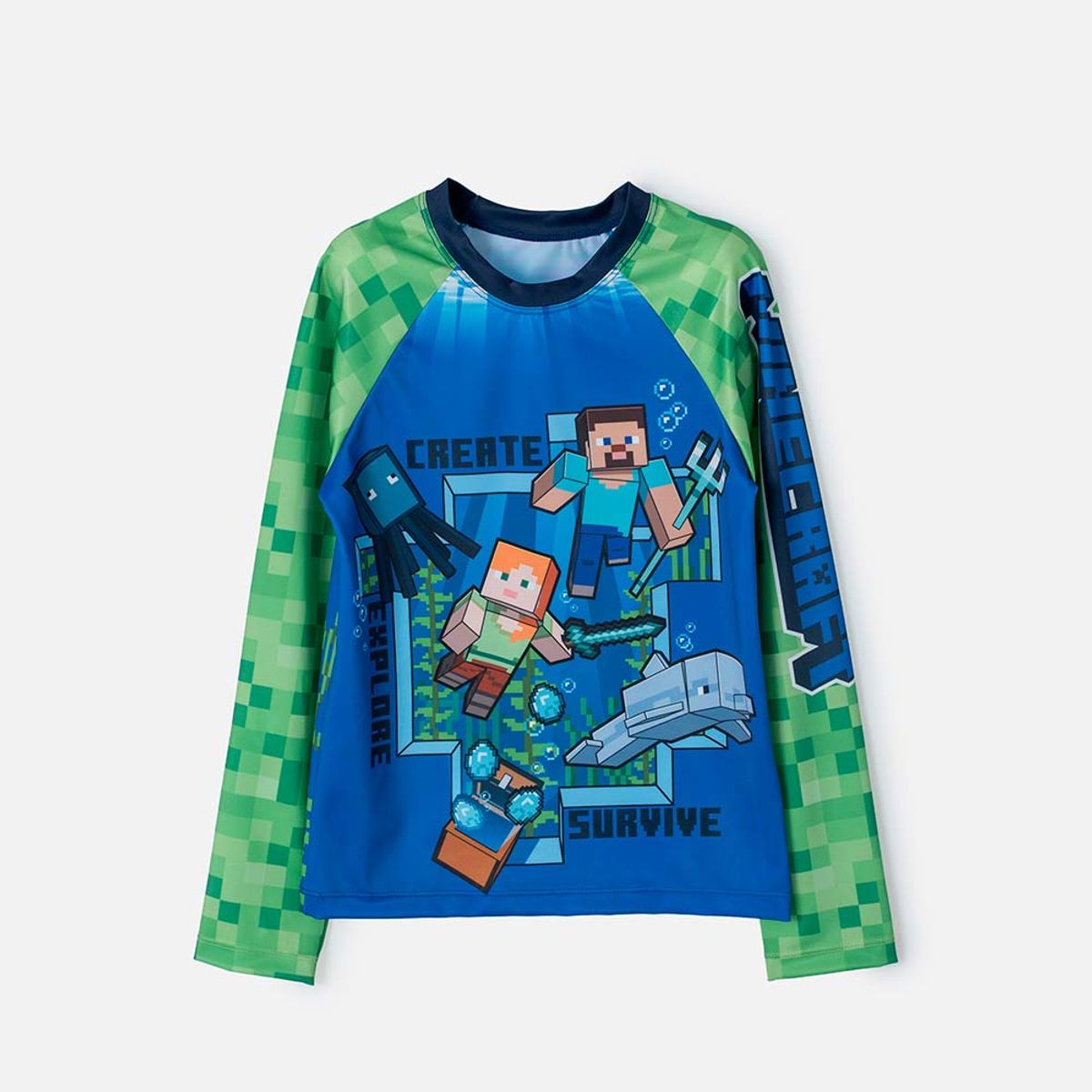 MINECRAFT - Camiseta de baño Minecraft manga larga verde y azul para niño