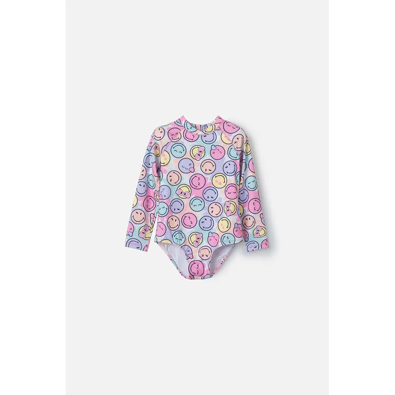 SMILEY - Vestido de baño de Smiley multicolor manga larga para niña 2T a 5T