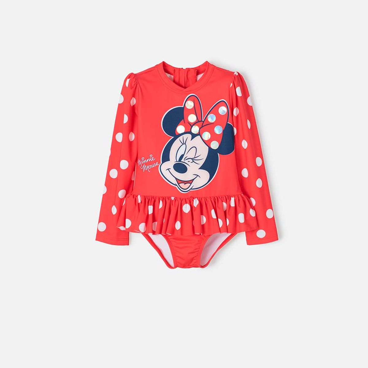 DISNEY - Vestido de baño de Minnie Mouse rojo manga larga para niña 2T a 5T