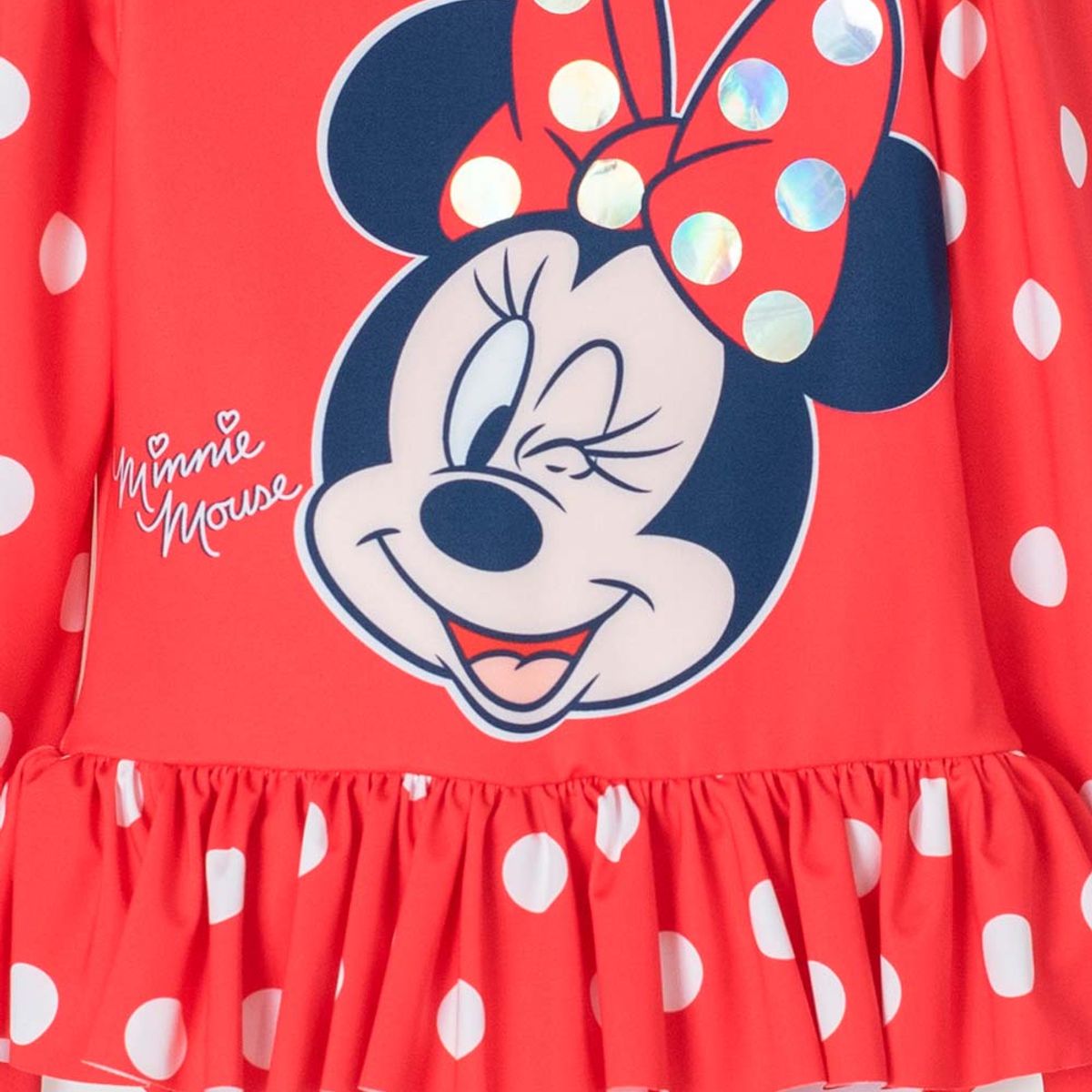 DISNEY - Vestido de baño de Minnie Mouse rojo manga larga para niña 2T a 5T