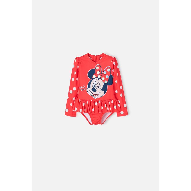 DISNEY - Vestido de baño de Minnie Mouse rojo manga larga para niña 2T a 5T