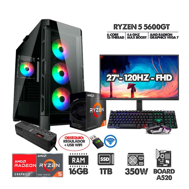 AMD - PC R5 5600GT+ MONITOR 27 FHD 120HZ+ RAM 16GB+ SSD 1TB+  REGULADOR+ USB WIFI