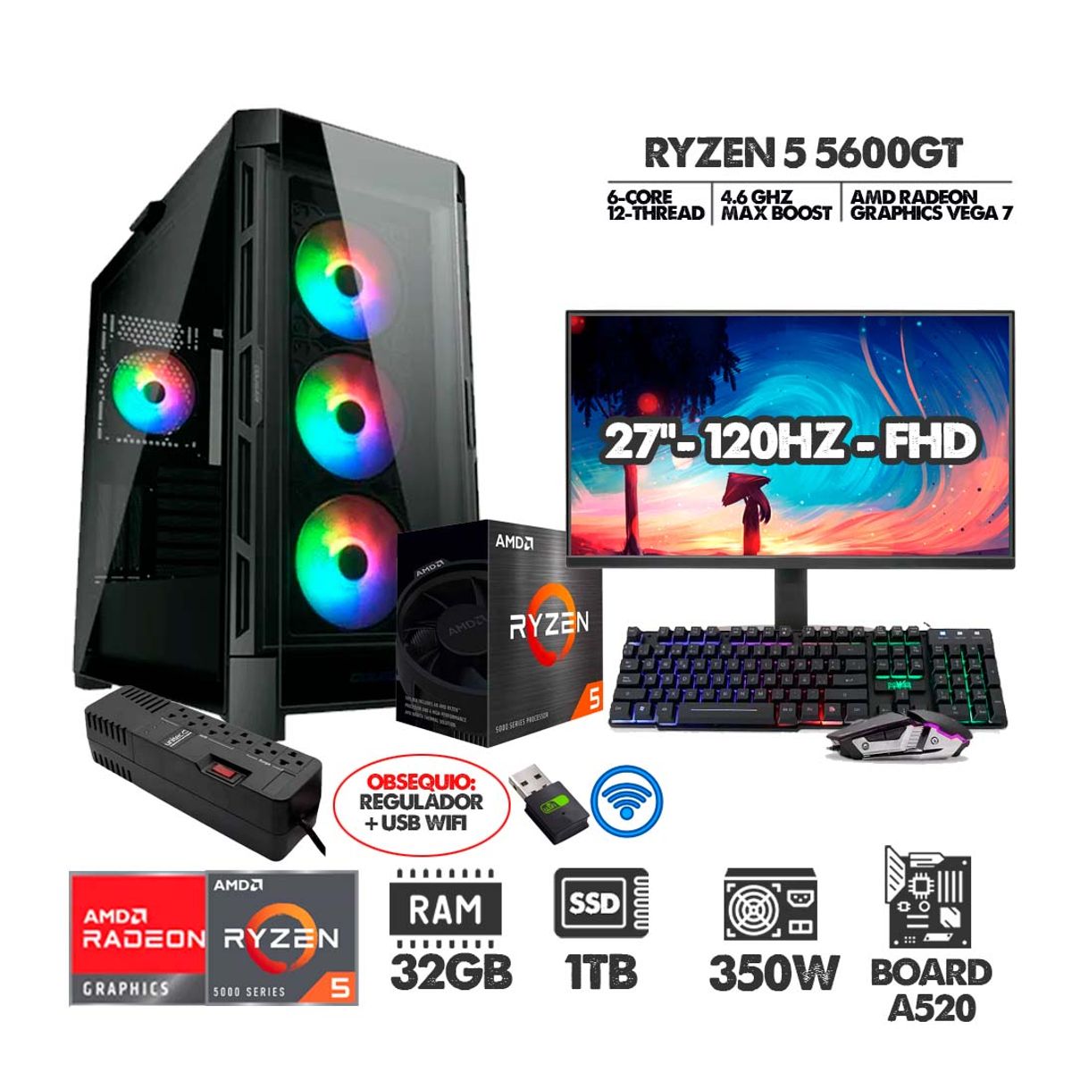 AMD - PC R5 5600GT+ MONITOR 27 FHD 120HZ+ RAM 32GB+ SSD 1TB+  REGULADOR+ USB WIFI