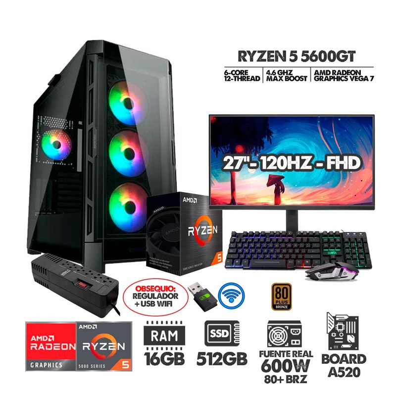 AMD - COMPUTADOR GAMER R5 5600GT- MONITOR 27 120HZ- RAM 16GB- SSD 512GB- 600W 80+BRZ
