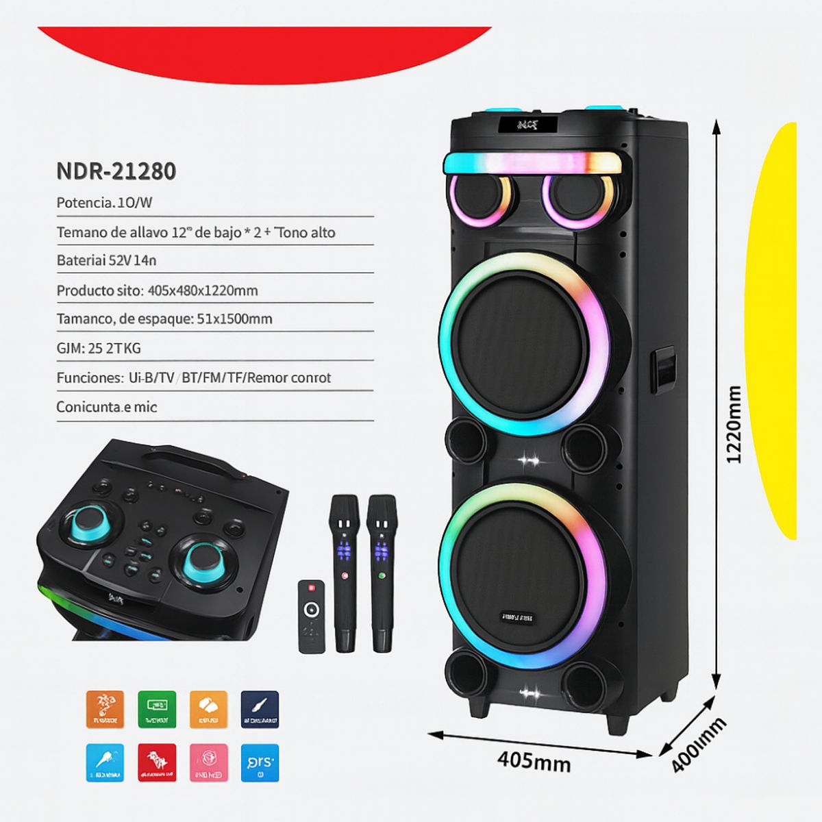 TECNOHOGAR JS - Cabina Bluetooth NDR 12” 3000W con Micrófono y Luces LED