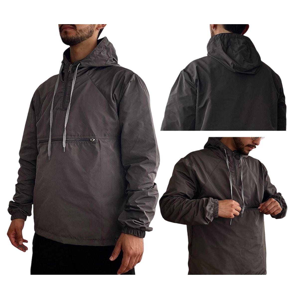 CO TRENDS - Chaqueta Rompevientos Tipo Canguro Gris Oscuro