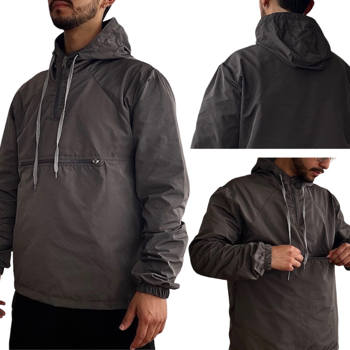 CO TRENDS - Chaqueta Rompevientos Tipo Canguro Gris Oscuro