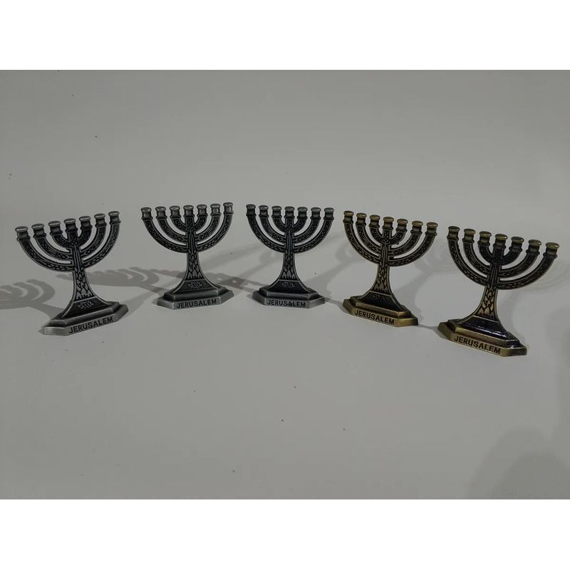 SIN ETIQUETAS - Candelabro Mini Menora Judio Antiguo En Antimonio Jerusalén