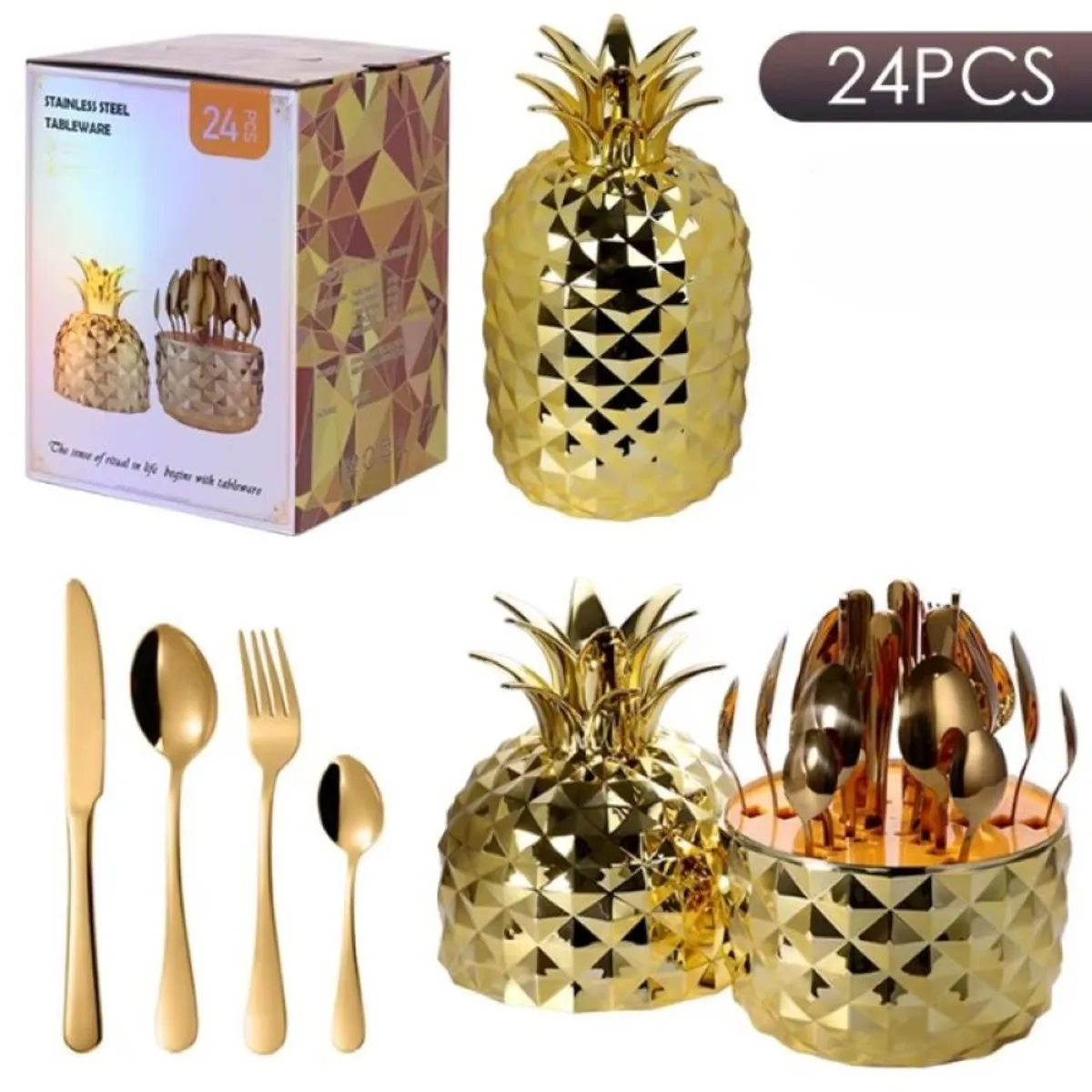 ZHOPI CO - Juego Cubiertos X 24 Acero Estuche En Forma De Piña Dorado