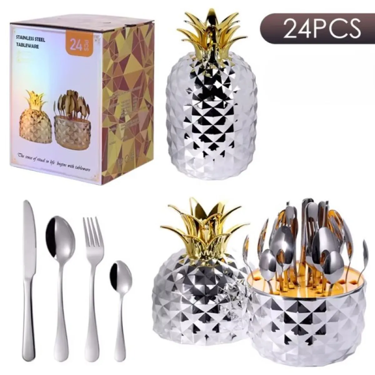 ZHOPI CO - Juego Cubiertos X 24 Acero Estuche En Forma De Piña Plateado