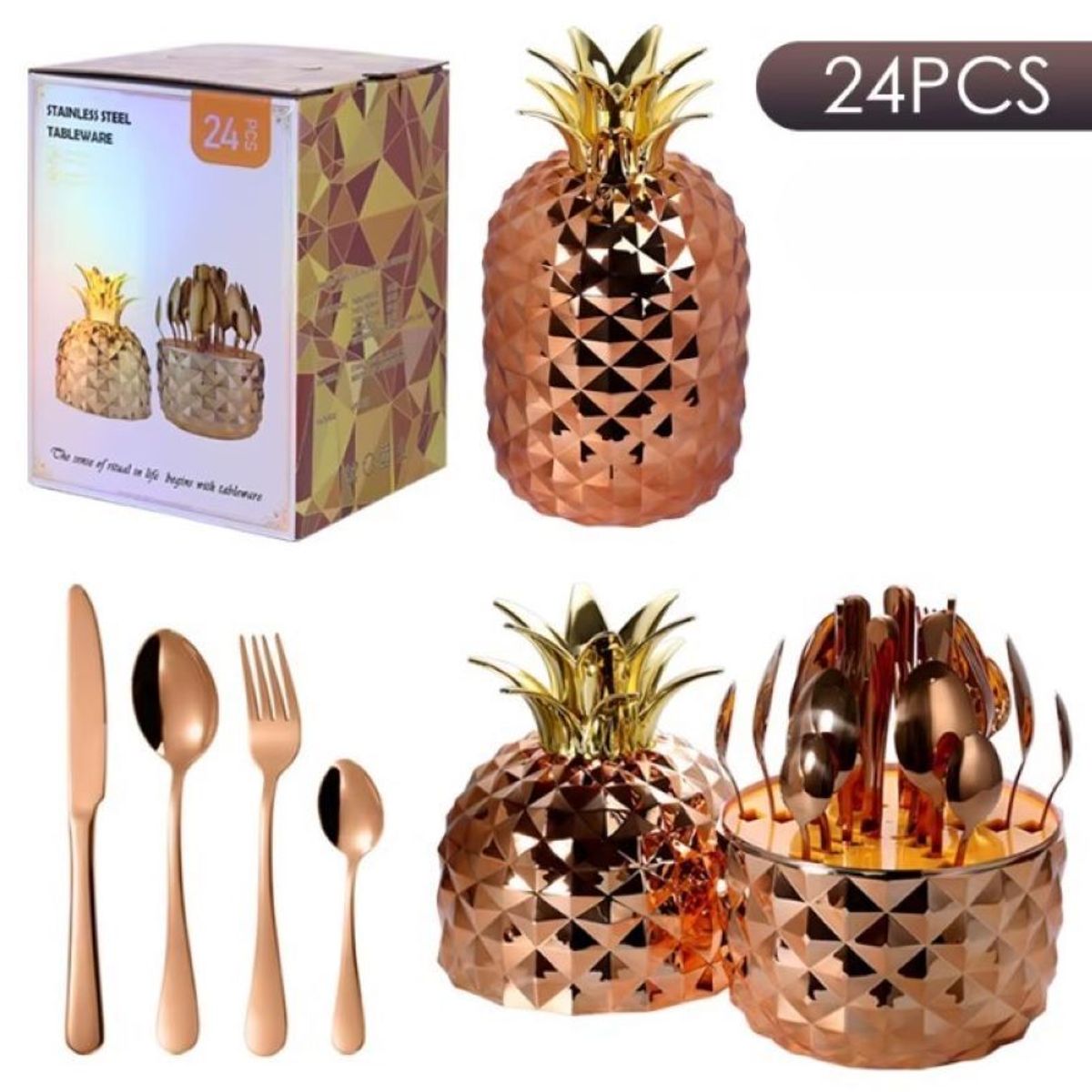 ZHOPI CO - Juego Cubiertos X 24 Acero Estuche En Forma De Piña Oro Rosa