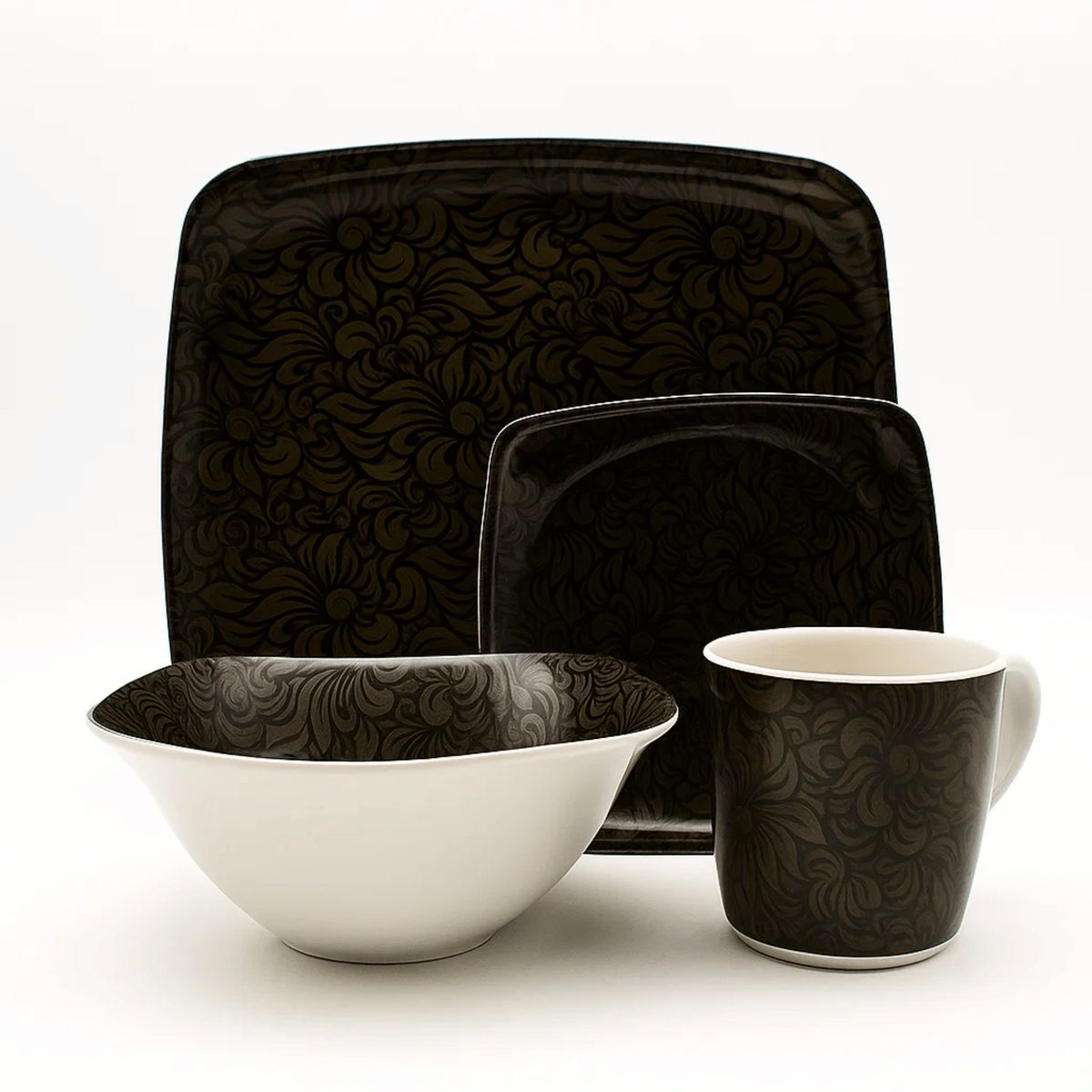 KITCHENWARE - Vajilla 16 Piezas Primavera en Melamina con Fondo Café Redonda