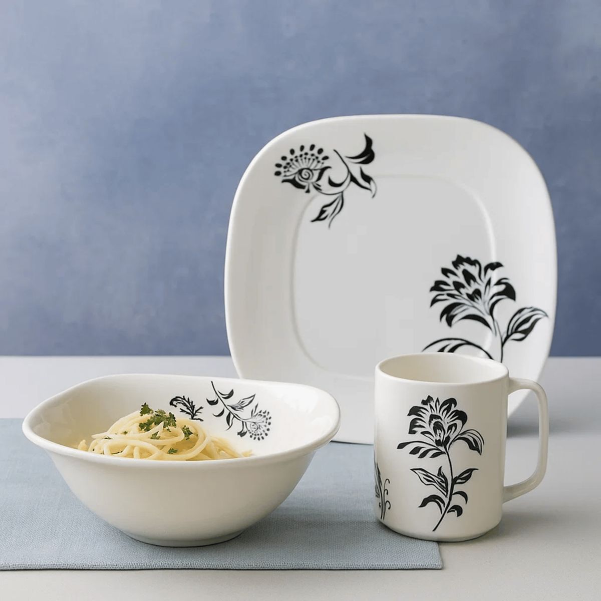 KITCHENWARE - Vajilla 16 Piezas Melamina Imperial Blanca Flores Negras Moderna