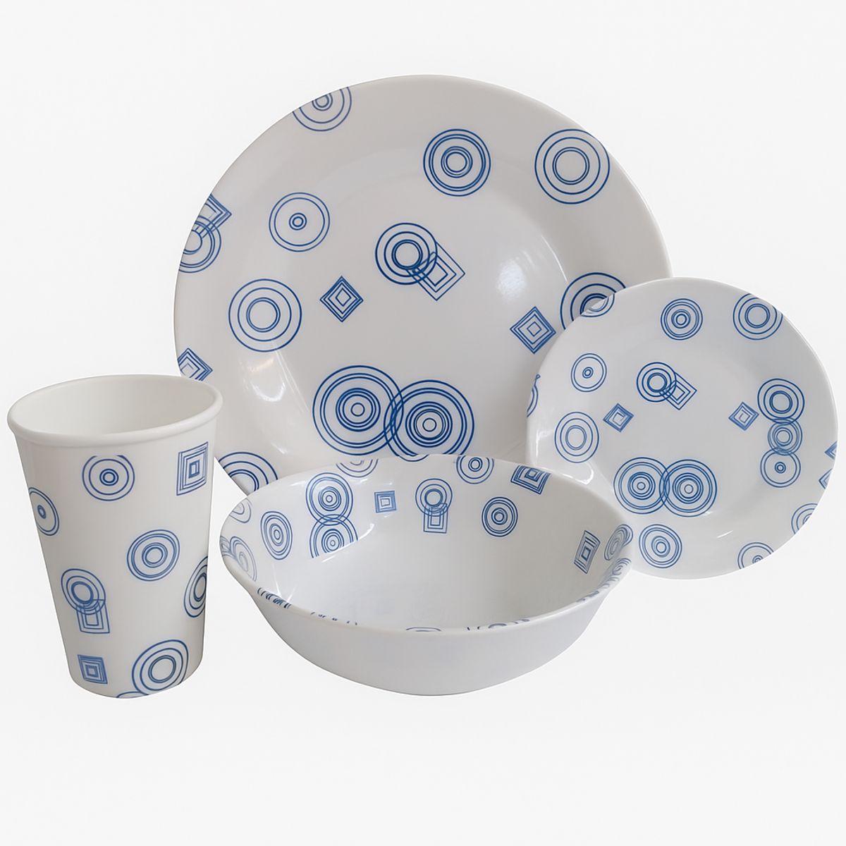 KITCHENWARE - VAJILLA CLASICA EN MELAMINA BLANCA CON DISEÑO AZUL