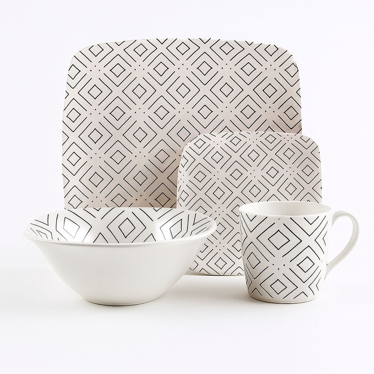 KITCHENWARE - VAJILLA EN MELAMINA PRIMAVERA BLANCA LINEAS NEGRAS  BORDE CUADRADO 16 PIEZAS