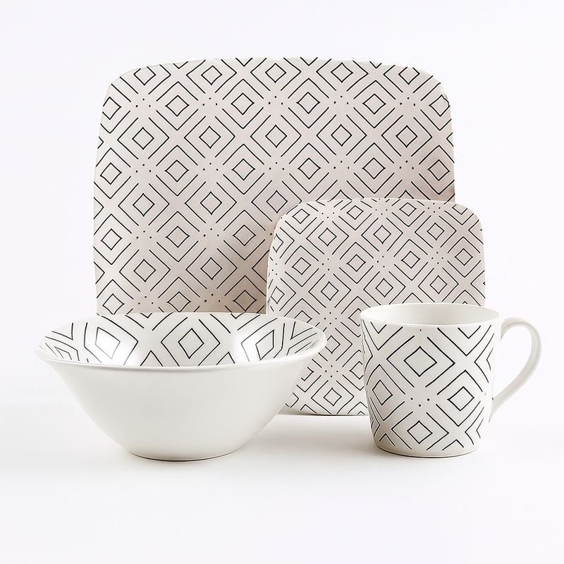 KITCHENWARE - VAJILLA EN MELAMINA PRIMAVERA BLANCA LINEAS NEGRAS  BORDE CUADRADO 16 PIEZAS