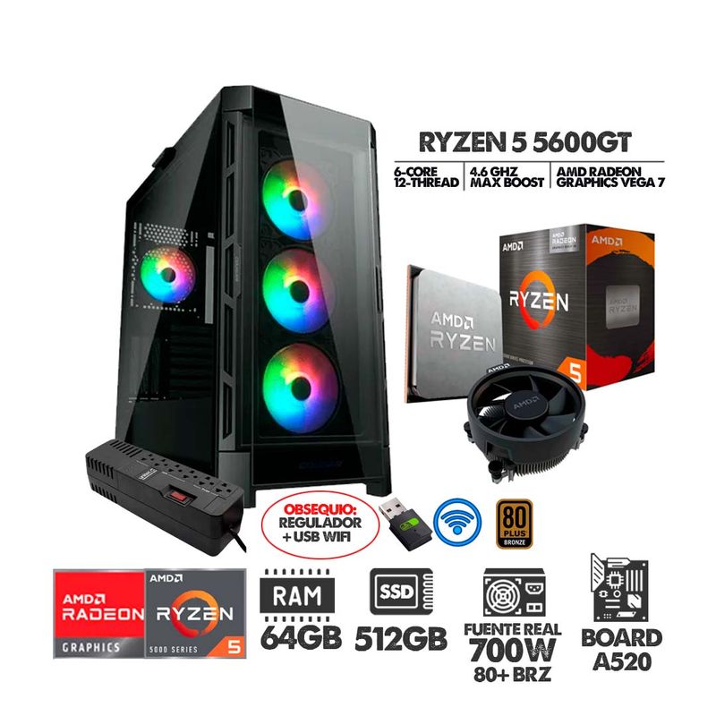 AMD - COMPUTADOR GAMER RYZEN 5 5600GT- RAM 64GB- SSD512GB- CASE 4FANS RGB- 700W 80+BRZ
