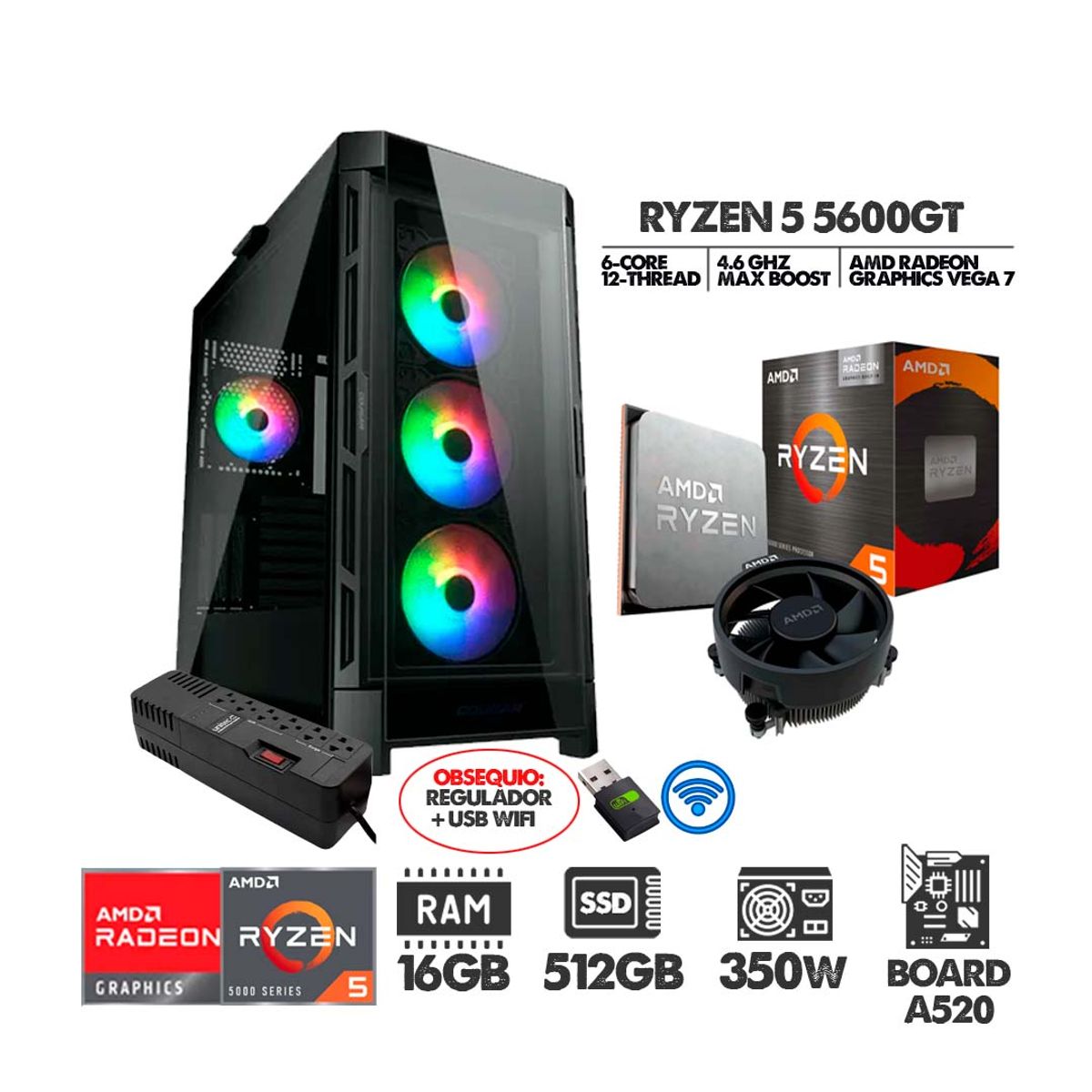POWER GROUP - PC GAMER AMD RYZEN 5 5600GT 16GB RAM 512GB SSD RGB + USB WIFI