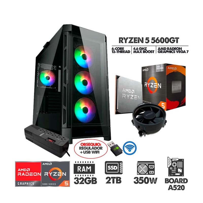 AMD - COMPUTADOR GAMER RYZEN 5 5600GT- RAM 32GB- SSD 2TB CASE 4FANS RGB- USB WIFI
