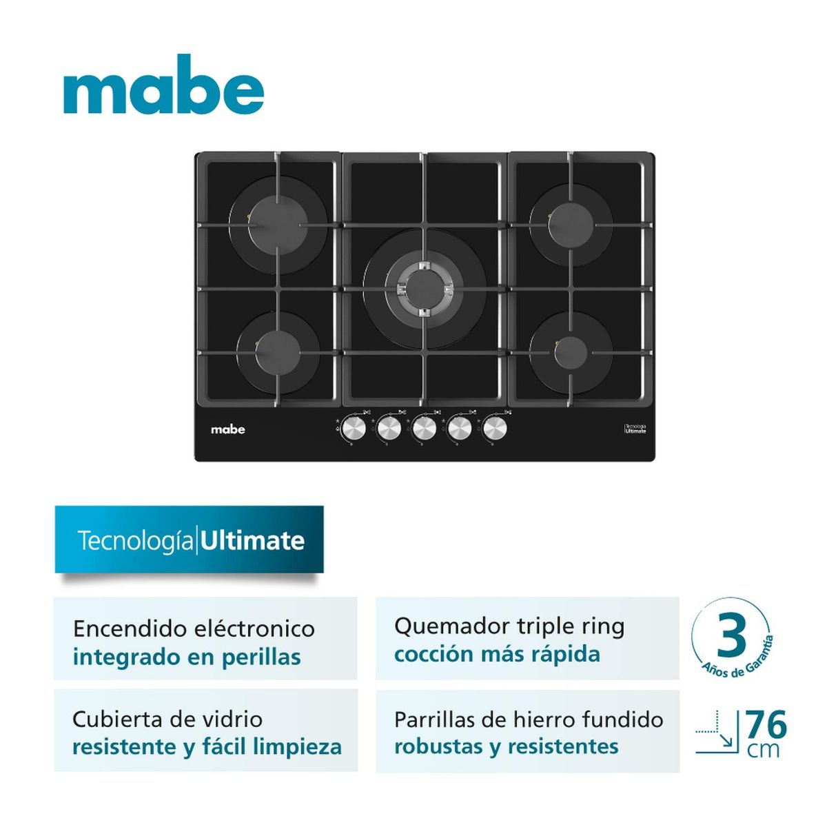 MABE - Estufa de empotrar a Gas 76cm Vidrio Negro Mabe PM7655GNV0