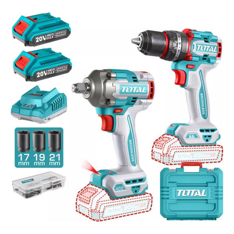 TOTAL - Combo inalambrico Llave De Impacto 400nm Industrial + Taladro 12 66nm Total